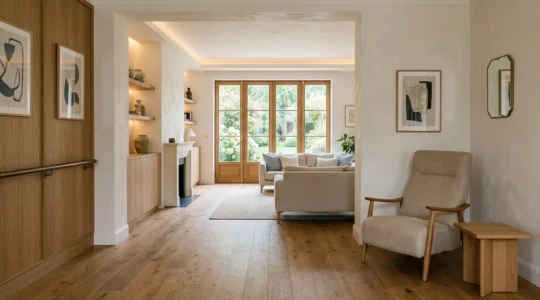 Intérieur chaleureux d'une maison adaptée aux seniors avec salon lumineux de plain-pied et aménagements discrets