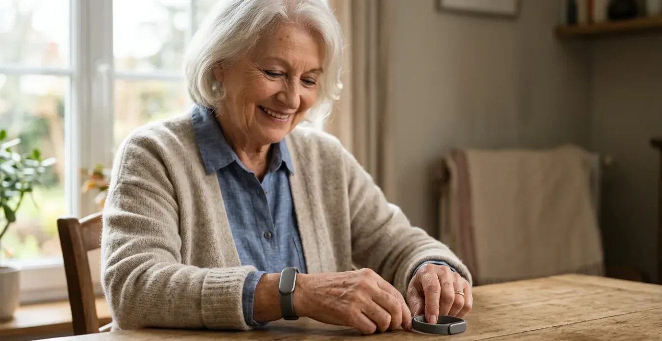 Senior examinant différents dispositifs de téléassistance portables avec bienveillance et autonomie