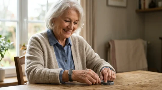 Senior examinant différents dispositifs de téléassistance portables avec bienveillance et autonomie