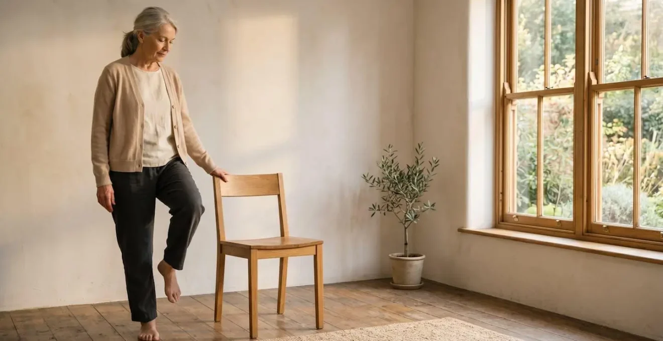 Personne senior pratiquant un exercice d'équilibre matinal avec sérénité