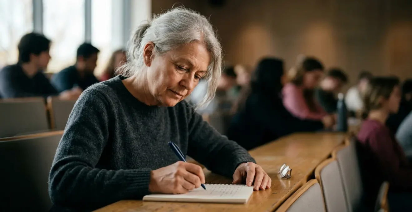 Senior assis à un bureau universitaire étudiant activement avec des jeunes étudiants en arrière-plan