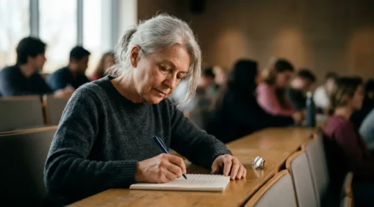 Senior assis à un bureau universitaire étudiant activement avec des jeunes étudiants en arrière-plan