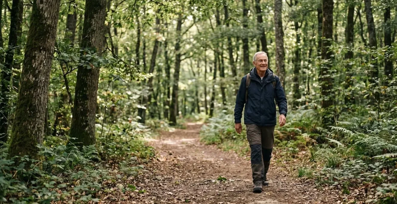 Senior actif en promenade dans un environnement naturel français avec dispositif de téléassistance GPS