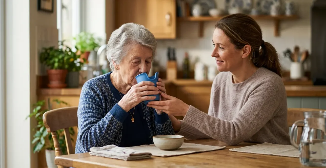 Senior prenant un repas à domicile avec accompagnement sécurisé pour éviter les troubles de déglutition