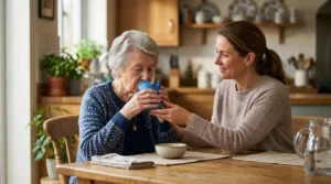Senior prenant un repas à domicile avec accompagnement sécurisé pour éviter les troubles de déglutition