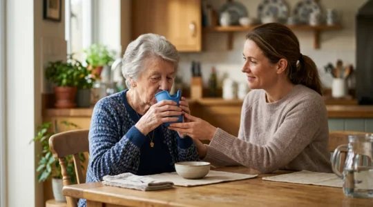 Senior prenant un repas à domicile avec accompagnement sécurisé pour éviter les troubles de déglutition