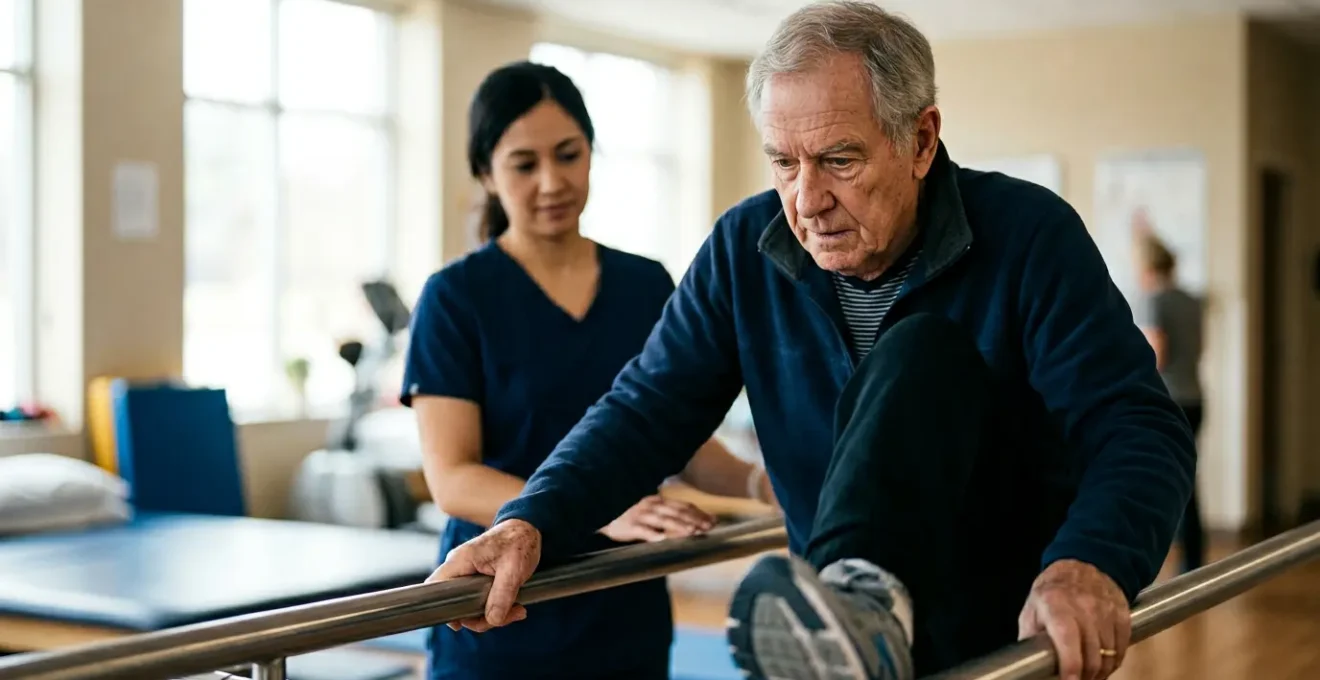 Une personne âgée retrouvant progressivement confiance en sa mobilité lors d'une séance de réadaptation après une chute