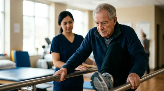 Une personne âgée retrouvant progressivement confiance en sa mobilité lors d'une séance de réadaptation après une chute
