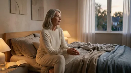 Personne senior dans une chambre à coucher apaisante au crépuscule avec lumière douce naturelle