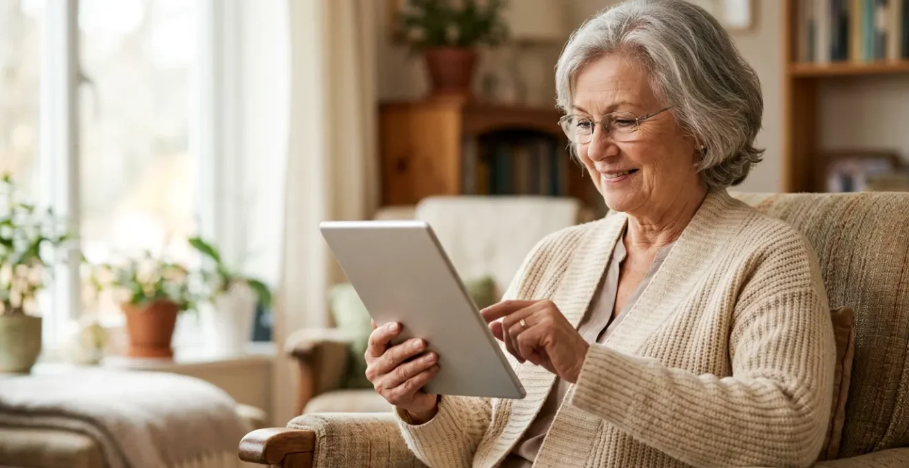 Une personne senior utilisant sereinement une tablette tactile dans un environnement chaleureux et lumineux
