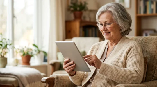 Une personne senior utilisant sereinement une tablette tactile dans un environnement chaleureux et lumineux