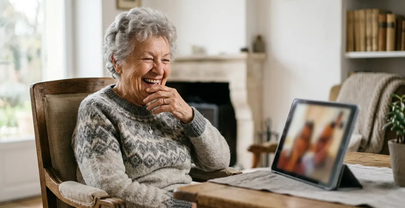 Moment de connexion intergénérationnelle entre une personne âgée et sa famille via la technologie