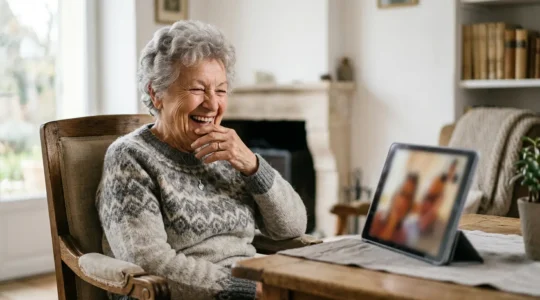 Moment de connexion intergénérationnelle entre une personne âgée et sa famille via la technologie