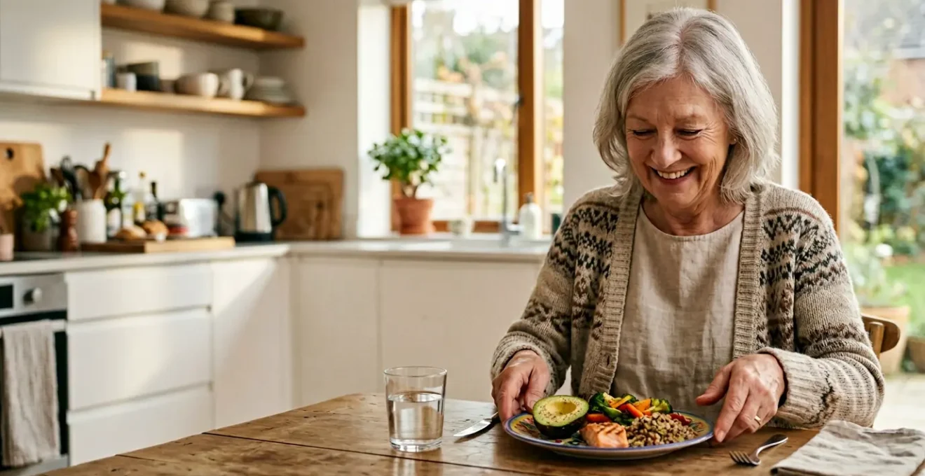Personnes âgées partageant un moment convivial autour de petites portions de repas variés et colorés
