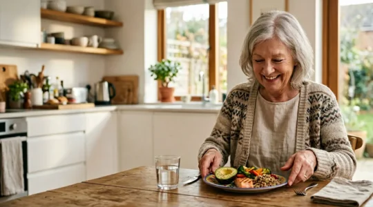 Personnes âgées partageant un moment convivial autour de petites portions de repas variés et colorés