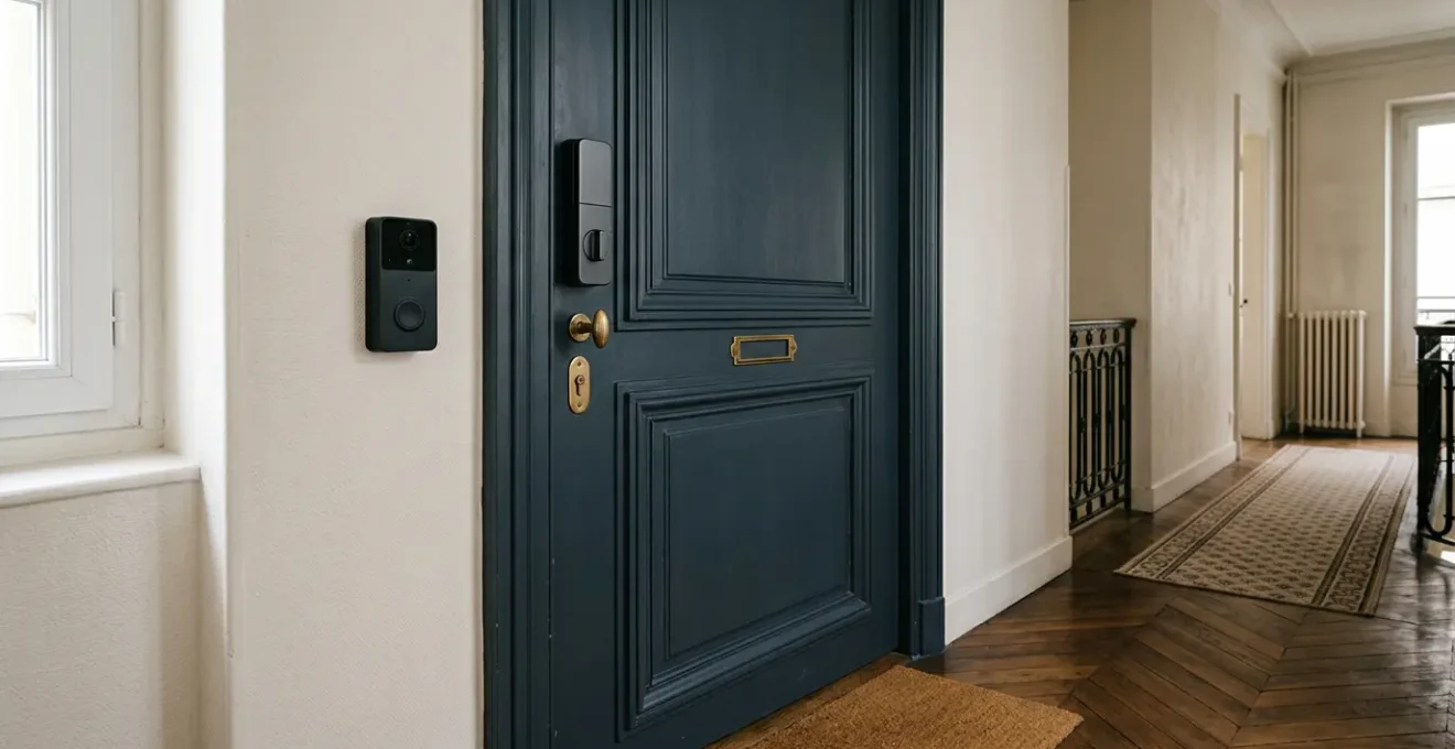 Serrure connectée et sonnette vidéo installées sur une porte d'entrée sécurisée