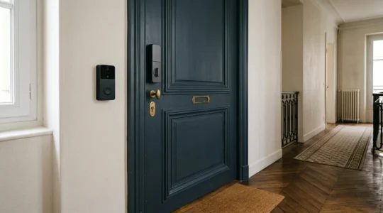 Serrure connectée et sonnette vidéo installées sur une porte d'entrée sécurisée