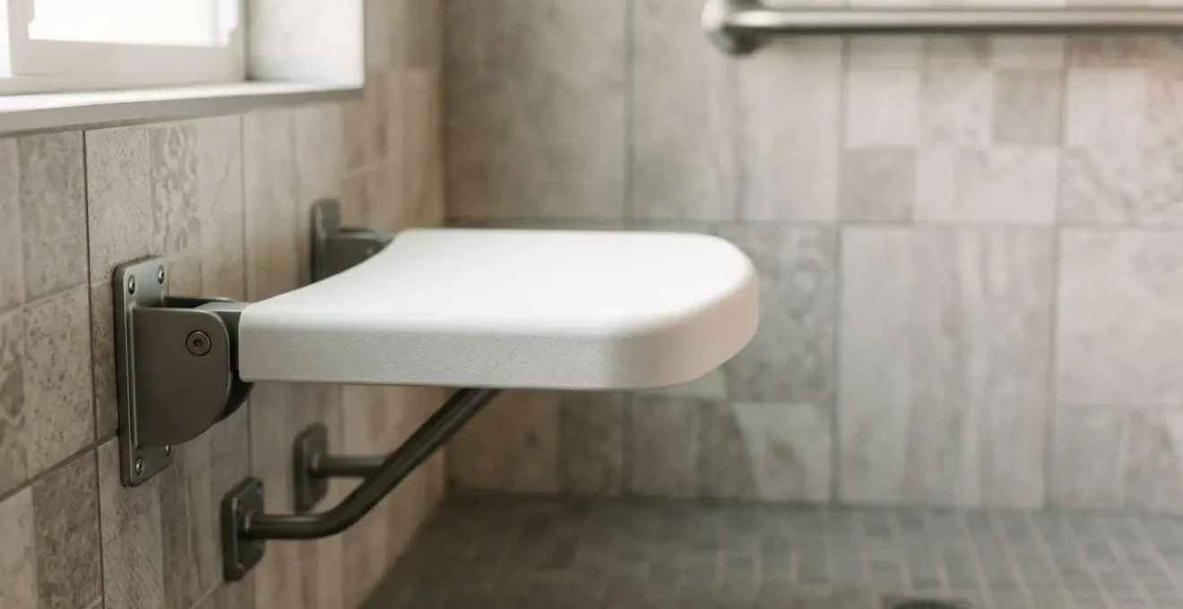 Siège de douche rabattable ergonomique facilitant le transfert depuis un fauteuil roulant dans une douche adaptée
