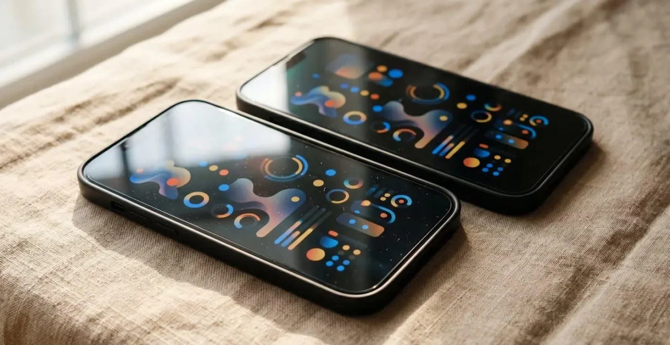 Deux smartphones côte à côte montrant une notification de prise de médicament synchronisée entre patient et aidant dans une atmosphère douce et rassurante