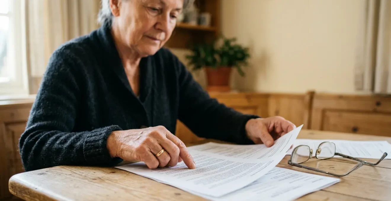 Lecture attentive d'un document de garanties santé par un senior, avec éclairage naturel et composition épurée
