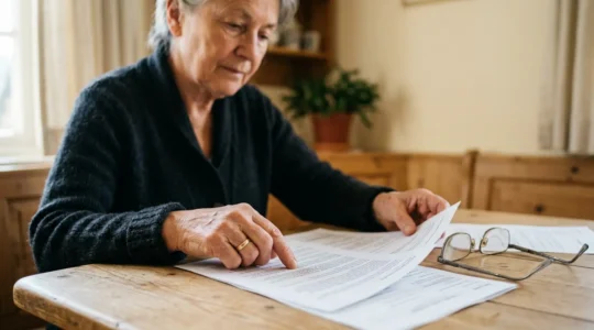 Lecture attentive d'un document de garanties santé par un senior, avec éclairage naturel et composition épurée