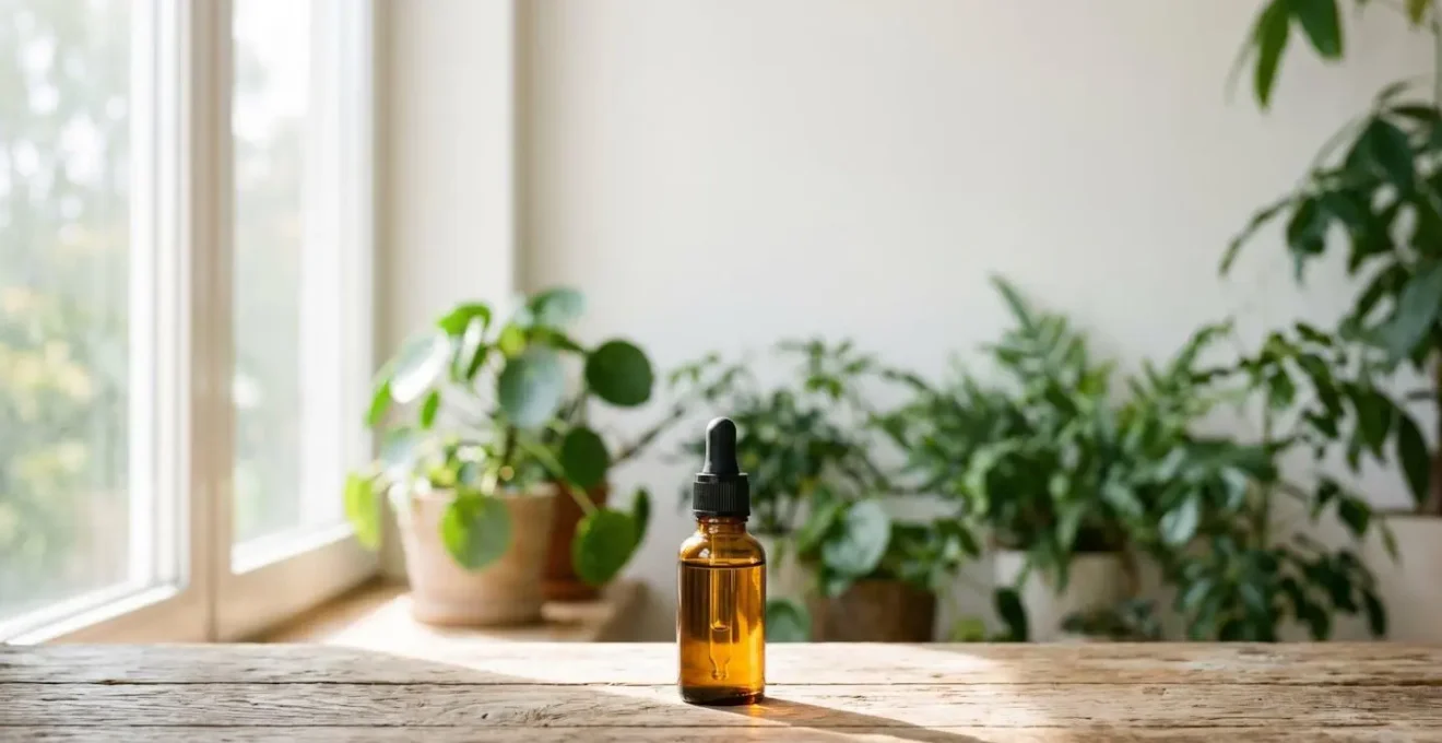 Flacon de gouttes de vitamine D posé près d'une fenêtre avec lumière naturelle douce symbolisant l'apport quotidien