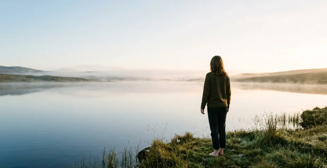 Une personne se tient face à un vaste paysage naturel, symbolisant l'équilibre entre vie avec maladie chronique et identité personnelle