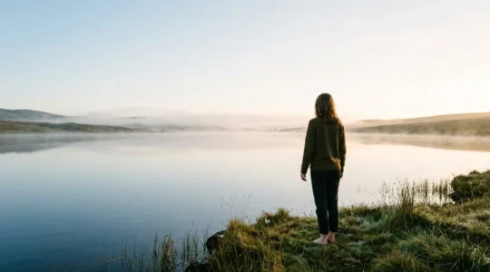 Une personne se tient face à un vaste paysage naturel, symbolisant l'équilibre entre vie avec maladie chronique et identité personnelle