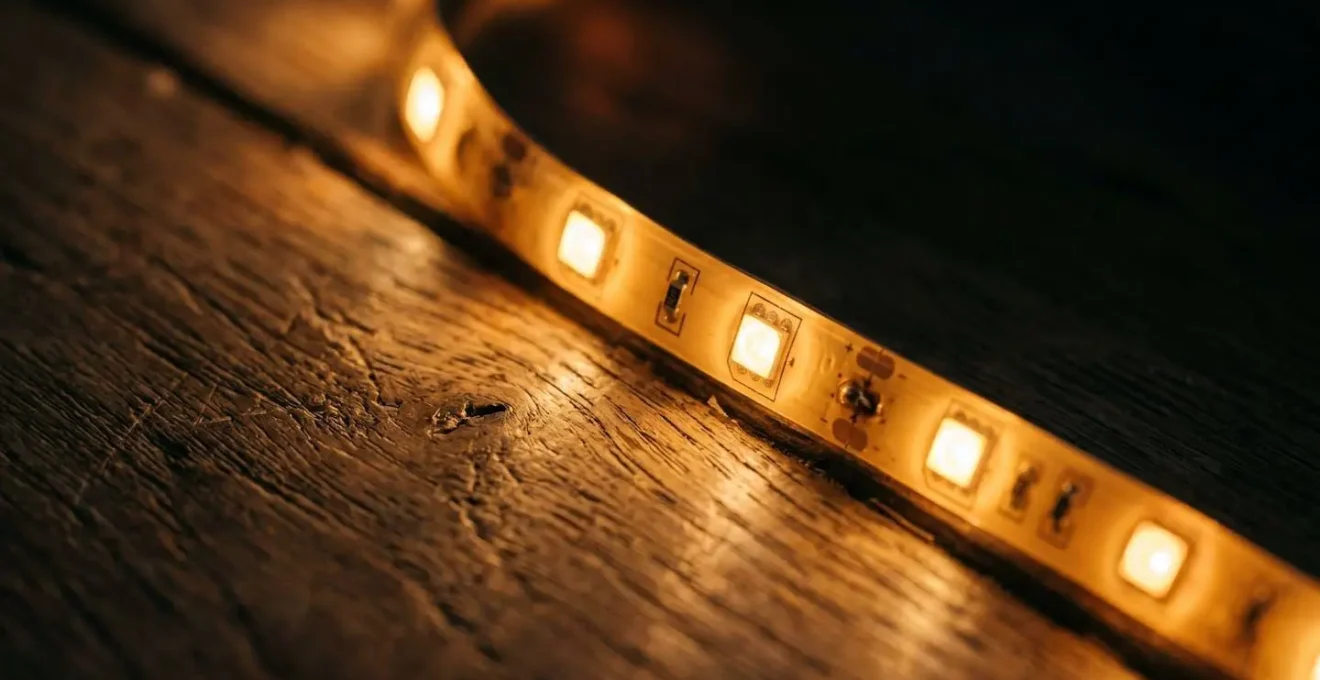 Détail macro d'une source de lumière ambrée douce créant une lueur chaleureuse sans éblouissement