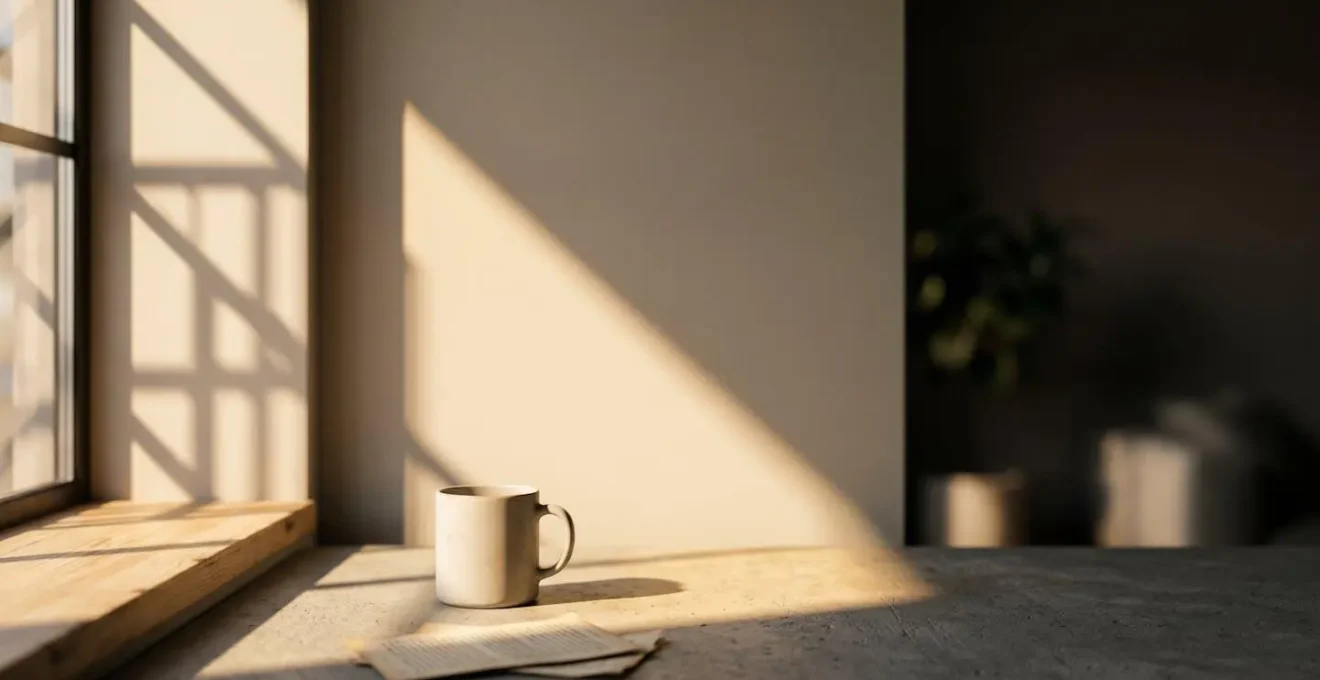Scène symbolique de lumière naturelle du matin traversant une fenêtre avec ombres douces créant une atmosphère de renouveau