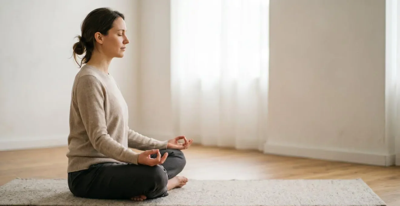 Une personne pratiquant la méditation dans un espace minimaliste et lumineux, symbolisant l'approche holistique de gestion de la douleur