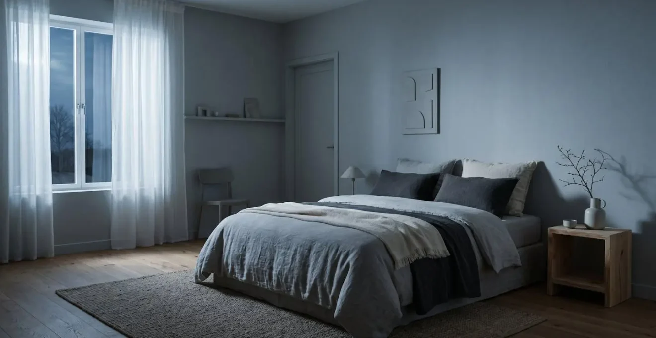 Environnement de chambre minimaliste avec atmosphère fraîche et apaisante favorisant le sommeil